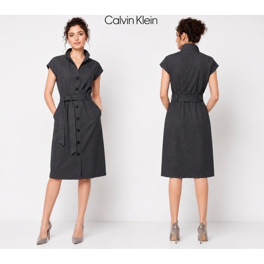 Calvin Klein Womens Charcoal Grey Button Front Belted Cap Sleeve Shirt Dress 4